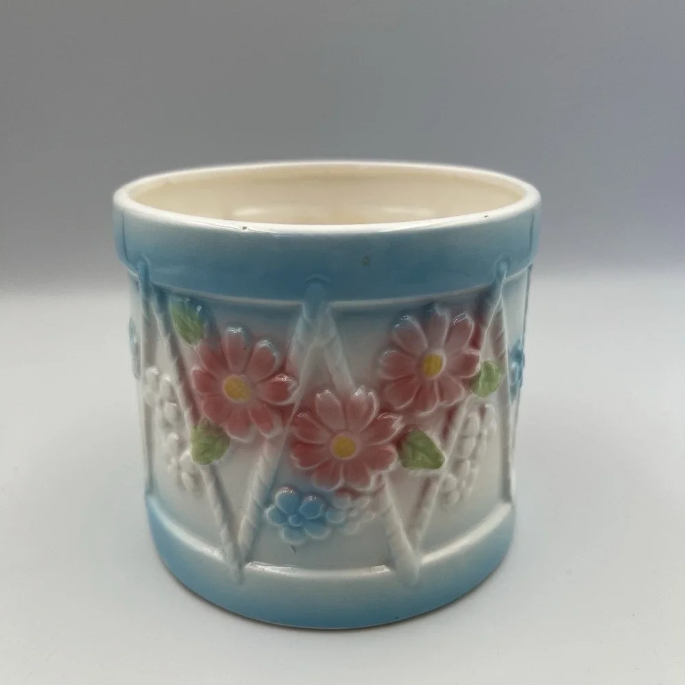 Vintage MCM Ardco Ceramic Baby Bear Train Flowers Nursery Planter Round Pastel